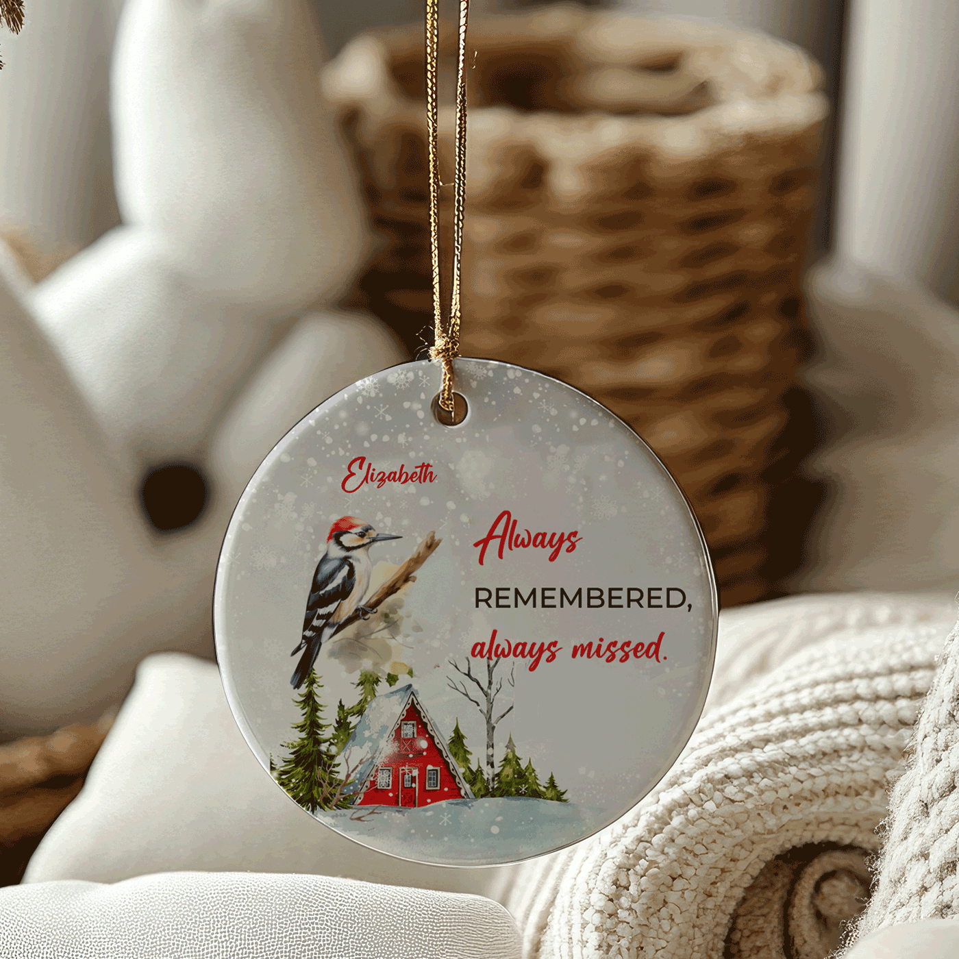 Elegant Winter Bird Christmas Ornament with Snowy Cottage | Customize Ceramic Ornament
